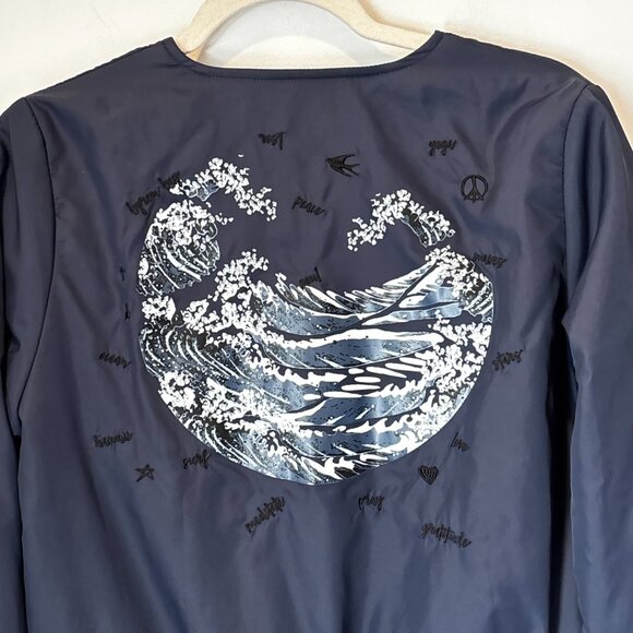 The Upside Byrow Bay Bomber Jacket with Pockets Size 6 Navy Biker Boho Art L60 - Picture 15 of 16